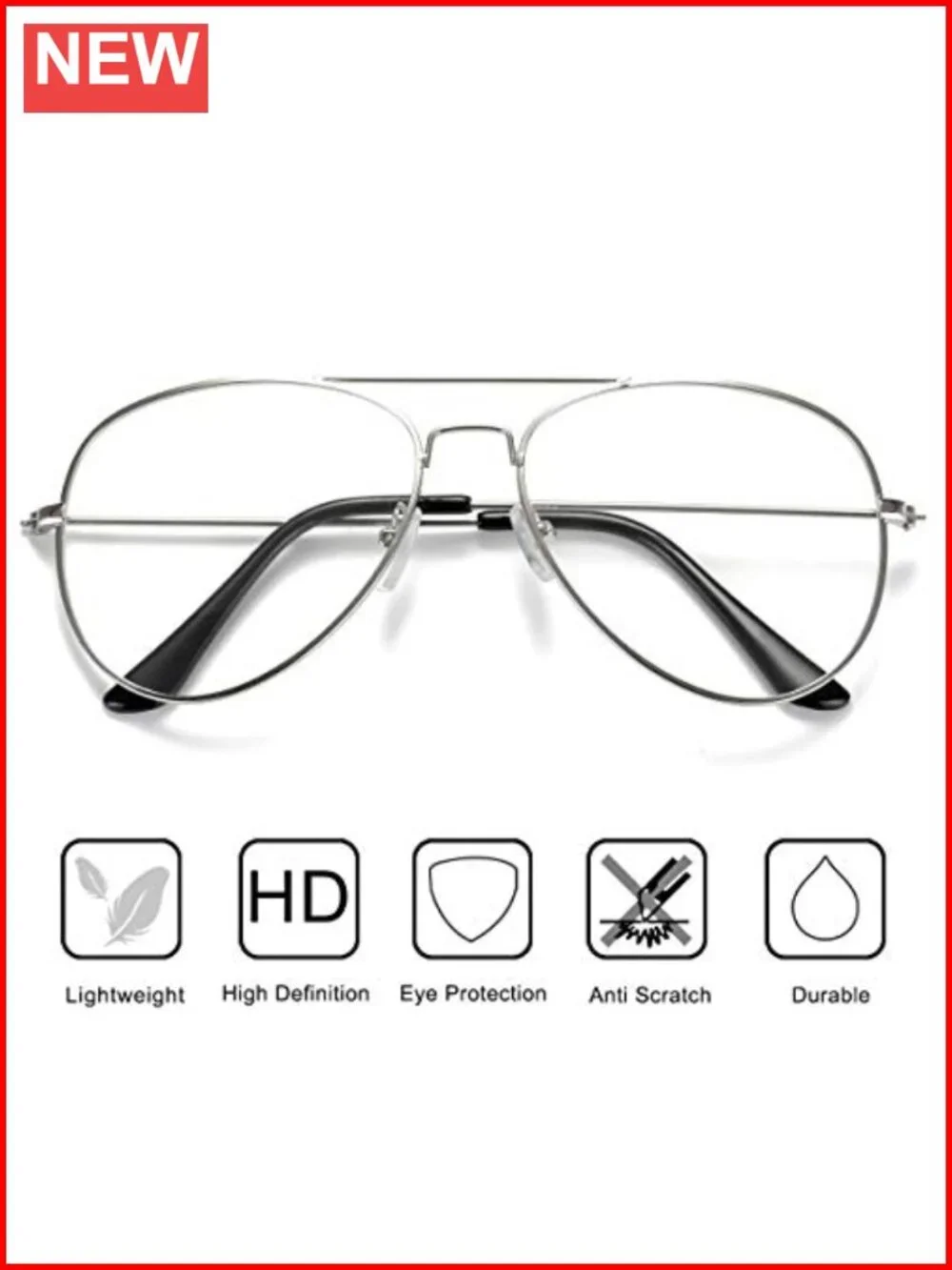 Classic Aviator Eyeglasses with Metal Frame, Clear Lens for Fashion or Outdoor